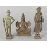 A group of three Khmer style green patinated figures of Gods, 20th century, to include a standing