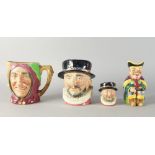 Royal Doulton, two toby jugs, the Beef eater and the Jester, together with a miniature Beef eater