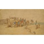 Manner of Thomas Rowlandson, 20th century- Loading boats on the shoreline; pen, ink and wash,