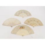 An early 19th century pierced and silvered bone and gauze fan, with three hand painted panels, 23cm,