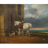 British School, early-mid 19th century- Horse and spaniels after a shoot by the entrance to a