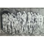 Gisske, European School, mid 20th century- Scene from a concentration camp; charcoal, signed, 30.