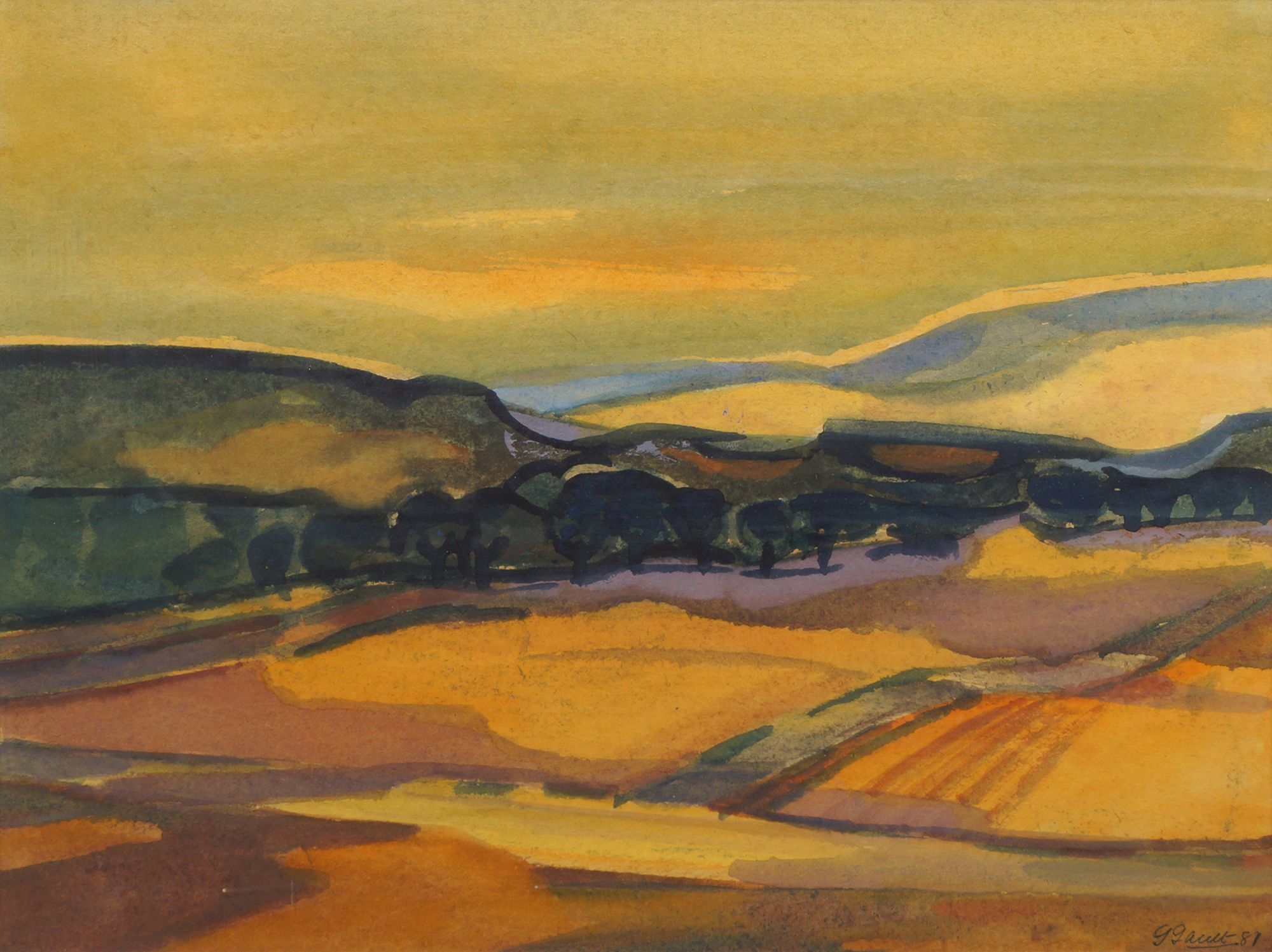 George Gault, Irish 1916-2001- ''Italian Landscape, Romagna''; tempera, signed and dated 81 in black