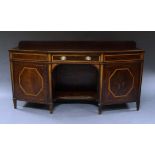 A George III mahogany and satinwood crossbanded sideboard, with galleried top, the central frieze