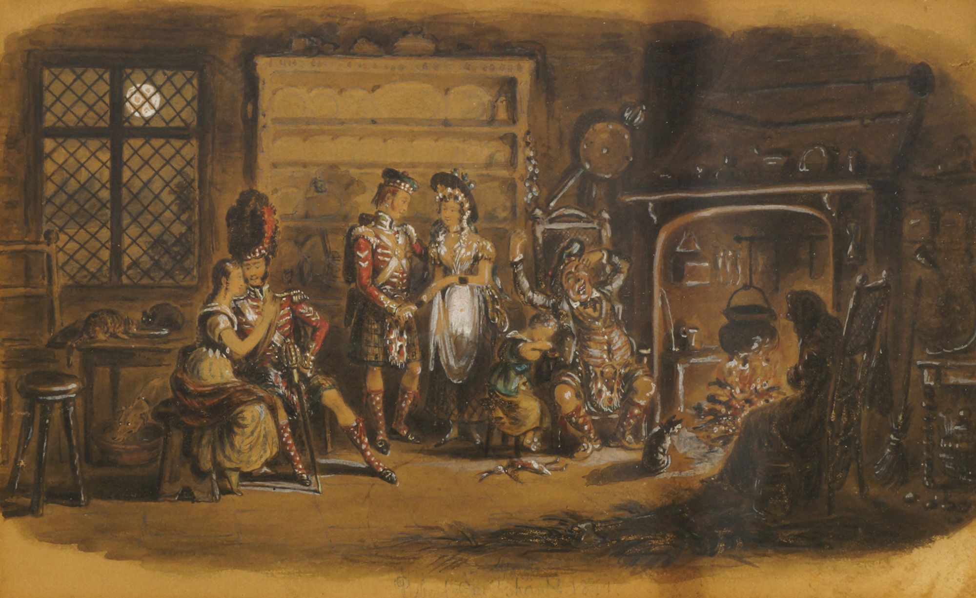 Attributed to Robert Isaac Cruickshank, British 1789-1856- Scottish domestic scene by the hearth;