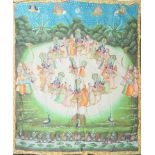 An Indian wall hanging, pishwar, painted with scenes of dancing figures within a forest clearing