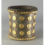 A cylindrical lead mortar, 20th century, applied with gilt roundels of portraits of Kings and