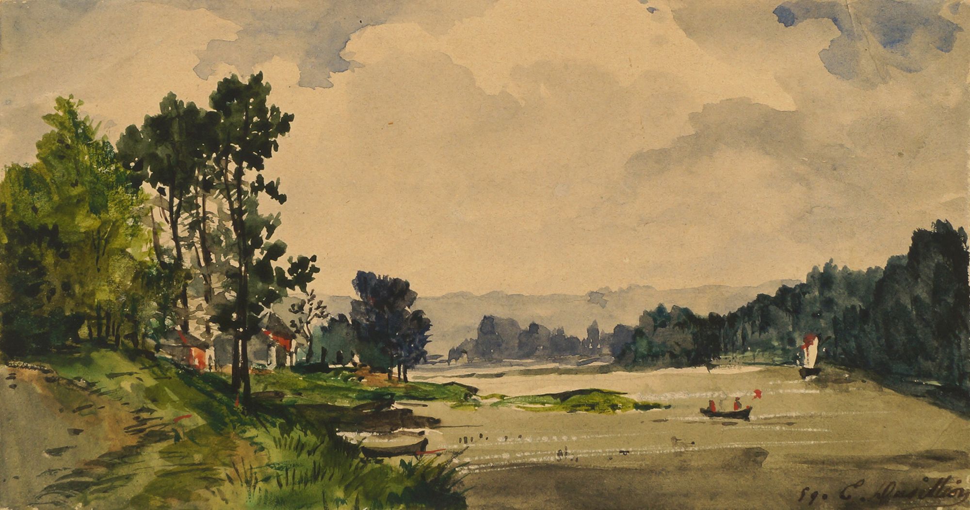 E Dusillion, French mid 19th century- River landscape; watercolour, signed, 7.7x14.6cm, (unframed)
