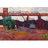 Sergei Shishko, Ukranian 1911-1997- Industrial landscape with a viaduct and crane; oil on board,