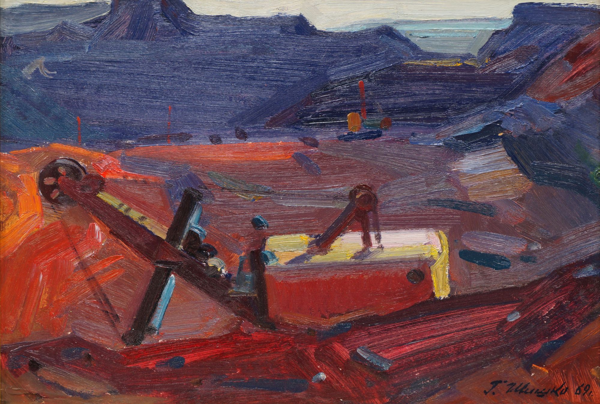 Sergei Shishko, Ukranian 1911-1997- ''Excavation''; oil on board, signed and dated 69, 30.8x42.8cm