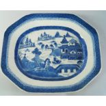 A Chinese blue and white octagonal platter, 19th century, decorated to the centre with a landscape