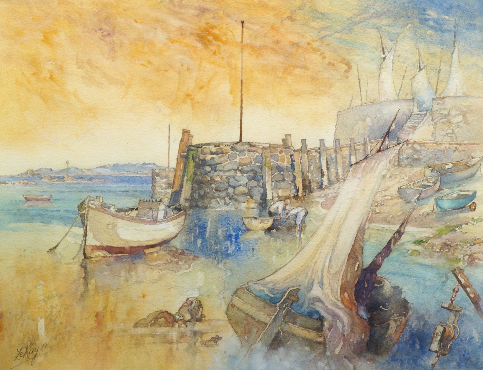 Neville Le Ray, British b.1939- ''La Salerie Harbour''; watercolour and pencil, signed and dated