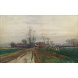 Circle of Thomas Ludwig Herbst, German 1848-1915- Landscape with fieldworkers; watercolour, 43.