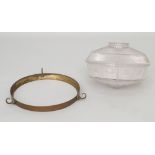 A frost and moulded glass ceiling light, early 20th century, with a brass circular support with