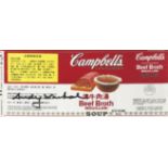 A Campbell's Beef Broth bouillon soup label, signed by Andy Warhol in black pen, 20th century, the
