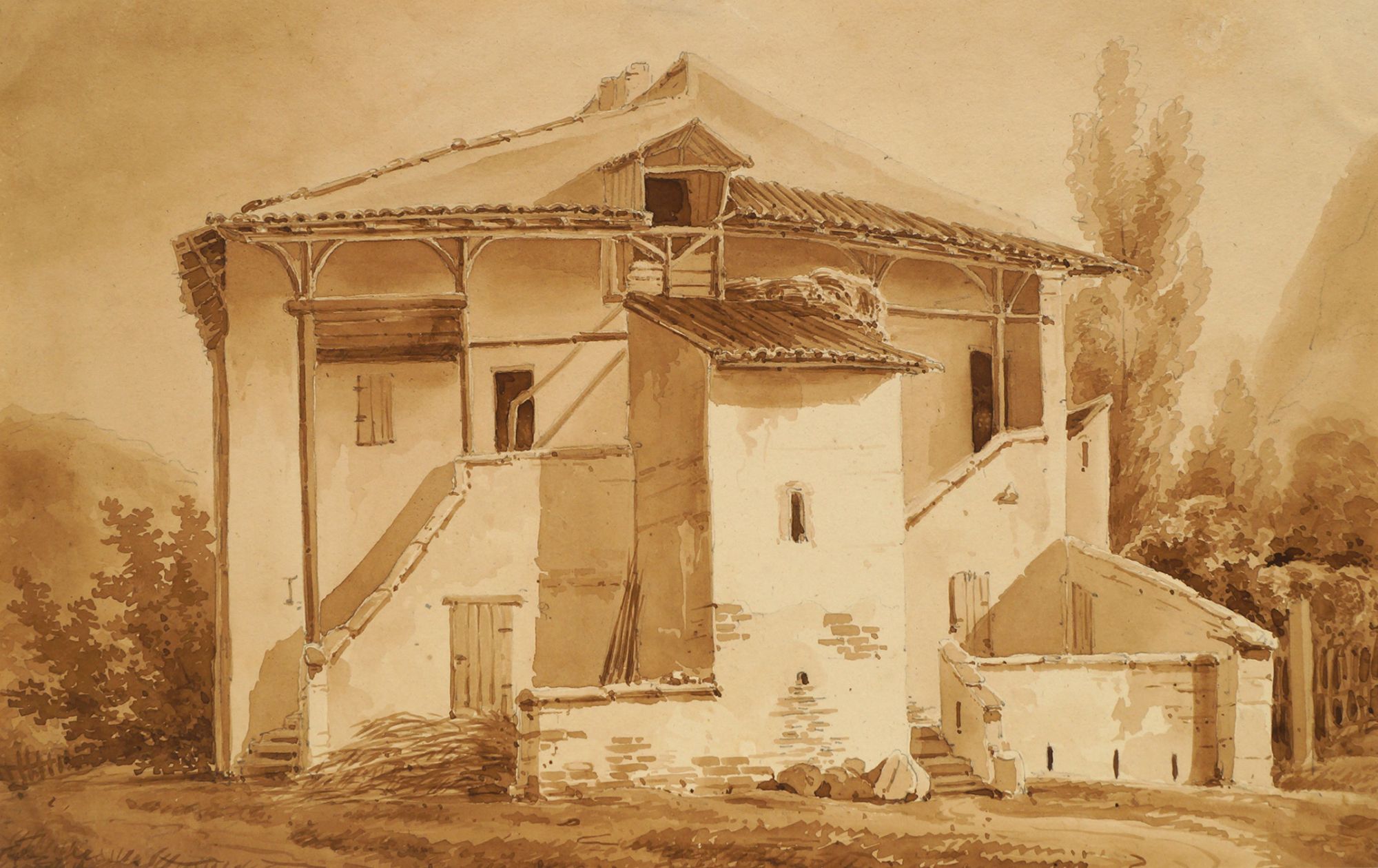 French School, mid 19th century- Farm house in Cusset; watercolour, monochrome/wash over traces of