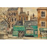 Sydney Arrobus, British 1901-1990- A row of shops; pen, black ink and watercolour, signed in black