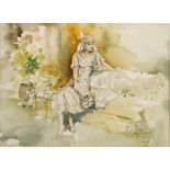 Gordon King, British b.1939- Seated woman in an interior; watercolour, signed, 28.5x38.5cm, (
