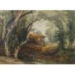 John Mallows Youngman RI, British 1817-1899- Wooded river scene; watercolour, signed with initials