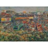 Ronald Morton, British b.1918- Untitled cityscape; oil on board, signed with initials, 50.5x70.