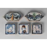 A collection of five Italian maiolica tiles, probably from Viterbo, Lazio, 17th/18th century,