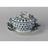 A Worcester blue and white tureen, 18th century, with pierced cover and stand,