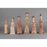 A collection of six Chinese pottery attendant figures, Tang and later,