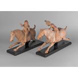 A pair of Chinese pottery polo players, Tang dynasty, modelled in motion,