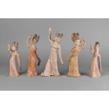 Five Chinese pottery Tang style female dancers,