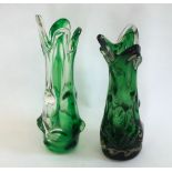 A flaring cylindrical knobbly glass vase, late 20th/early 21st century, dark green cased in clear,