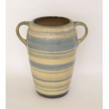 A Large Denby Pottery vase, circa. 1960, with two looping handles, decorated with vertical bands