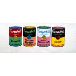 Steve Kaufman, American 1960-2010- Four Campbell's Soup Cans; screenprint in colours on canvas,