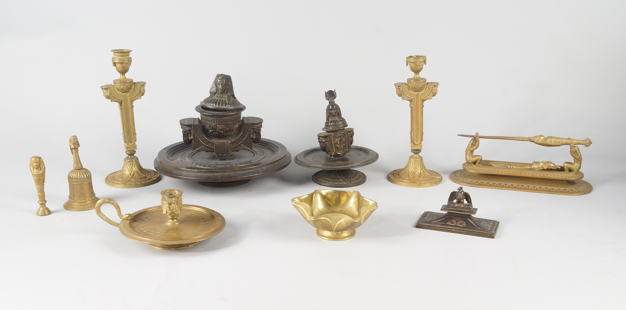 A French bronze Egyptian Revival desk set, 19th century,