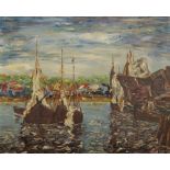 Arnold Wurm, Canadian, 20th century- Harbour scene, Montreal; oil on canvas, signed and dated 58,