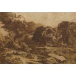 German School, late 18th/early 19th century- Shepherds with their flock in a wooded river