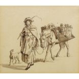 British School, late 18th century- Young girl leading a horse laden with vegetables; pen with