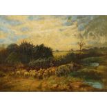 British Provincial School, late 19th century- Shepherd with flock on a country lane; oil on