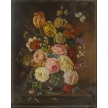 Oskar Robert Dogarth, Austrian 1898-1961- Flowers in an urn on a ledge; oil on board, signed,