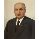 Russian School, mid 20th century- Portrait of Mikhail Gorbachev; oil on canvas, label attached verso