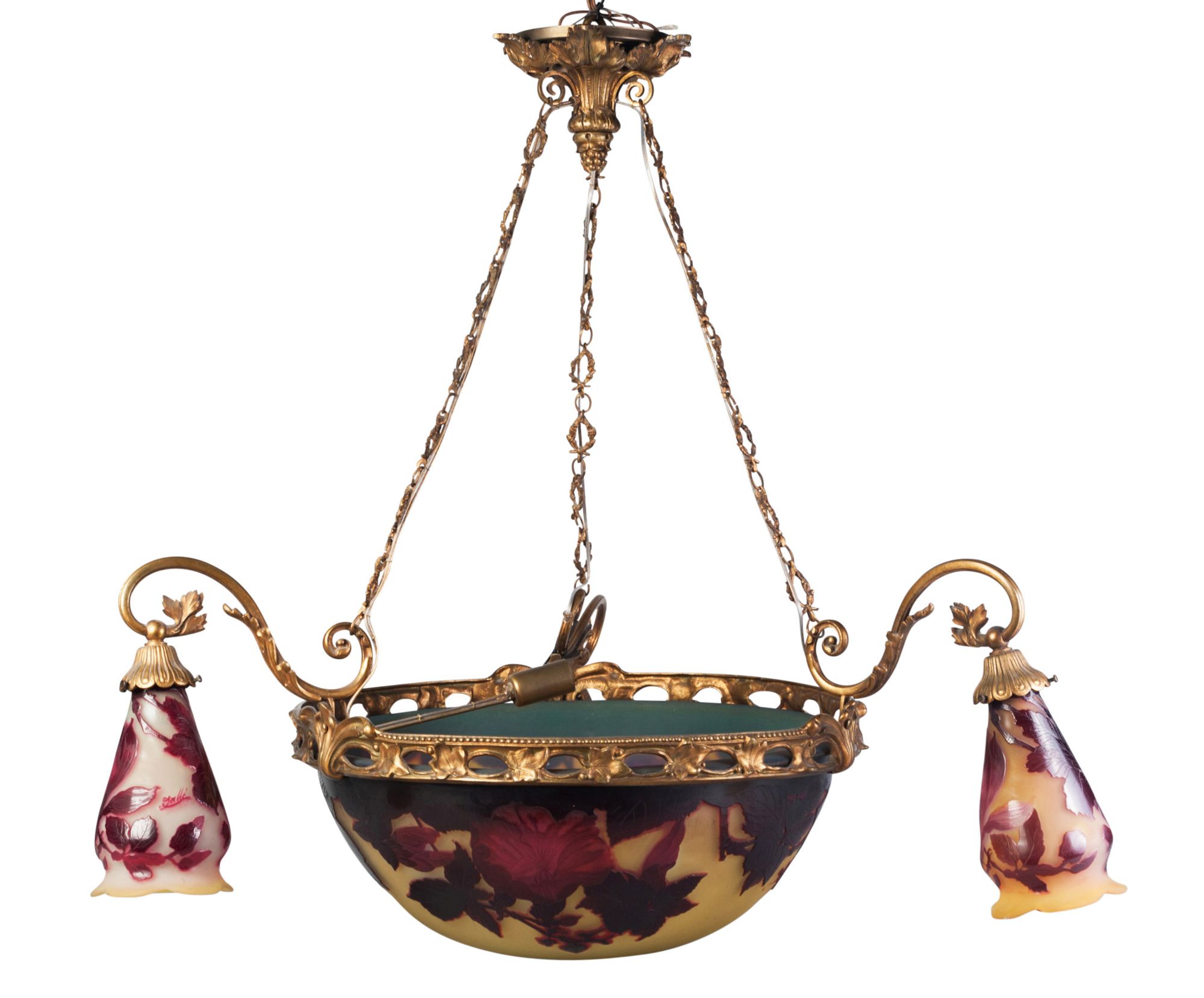 Emile Gallé, an acid etched 'Magnolia' pattern cameo glass three branch chandelier, c.