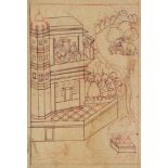 A drawing of a prince and three female attendants on a balcony in a palace, Jodhpur,