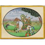 A hunting scene with a prince and princess on horseback and young women with flywhisks at their