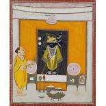 Srinathji being worshipped, Nathdwara, 19th century, gouache on paper heightened with gilt,