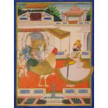 A Maharaja with Durga on a rooster, Jodhpur, 19th century, gouache on paper heightened with gilt,