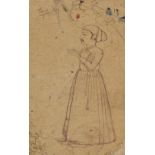 A small drawing of a courtier, Rajasthan, 19th century, ink on paper, within wide blue border, 8.