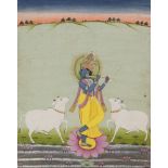 Krishna fluting, Bikaner, late 18th century, depicted standing on a lotus flower, a cow either side,