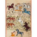 A double-sided folio from a Bhagavad Gita with horses in a field, Kashmir, 19th century,