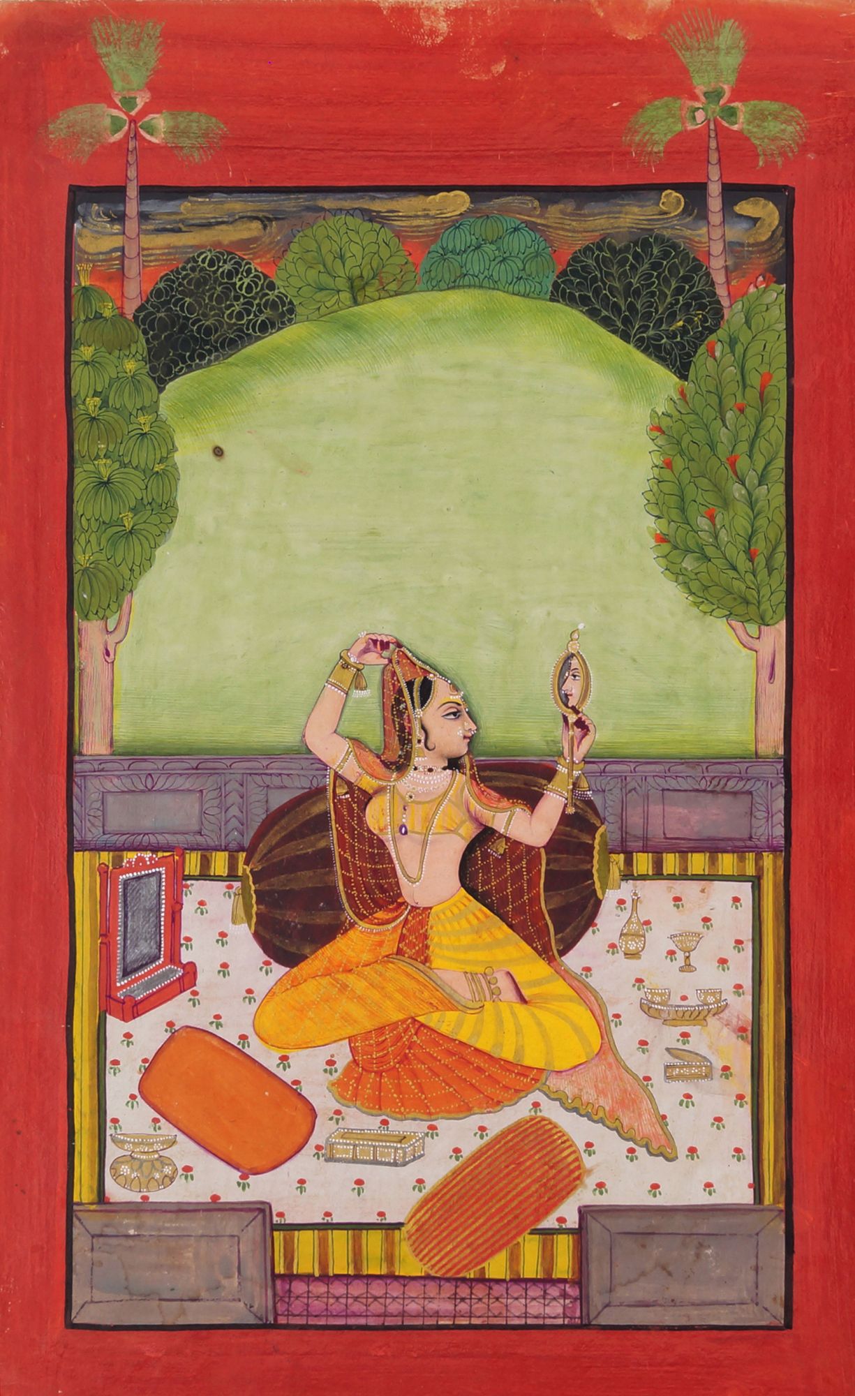 A lady at her toilette, Bundi, 18th century, gouache on paper heightened with gilt,