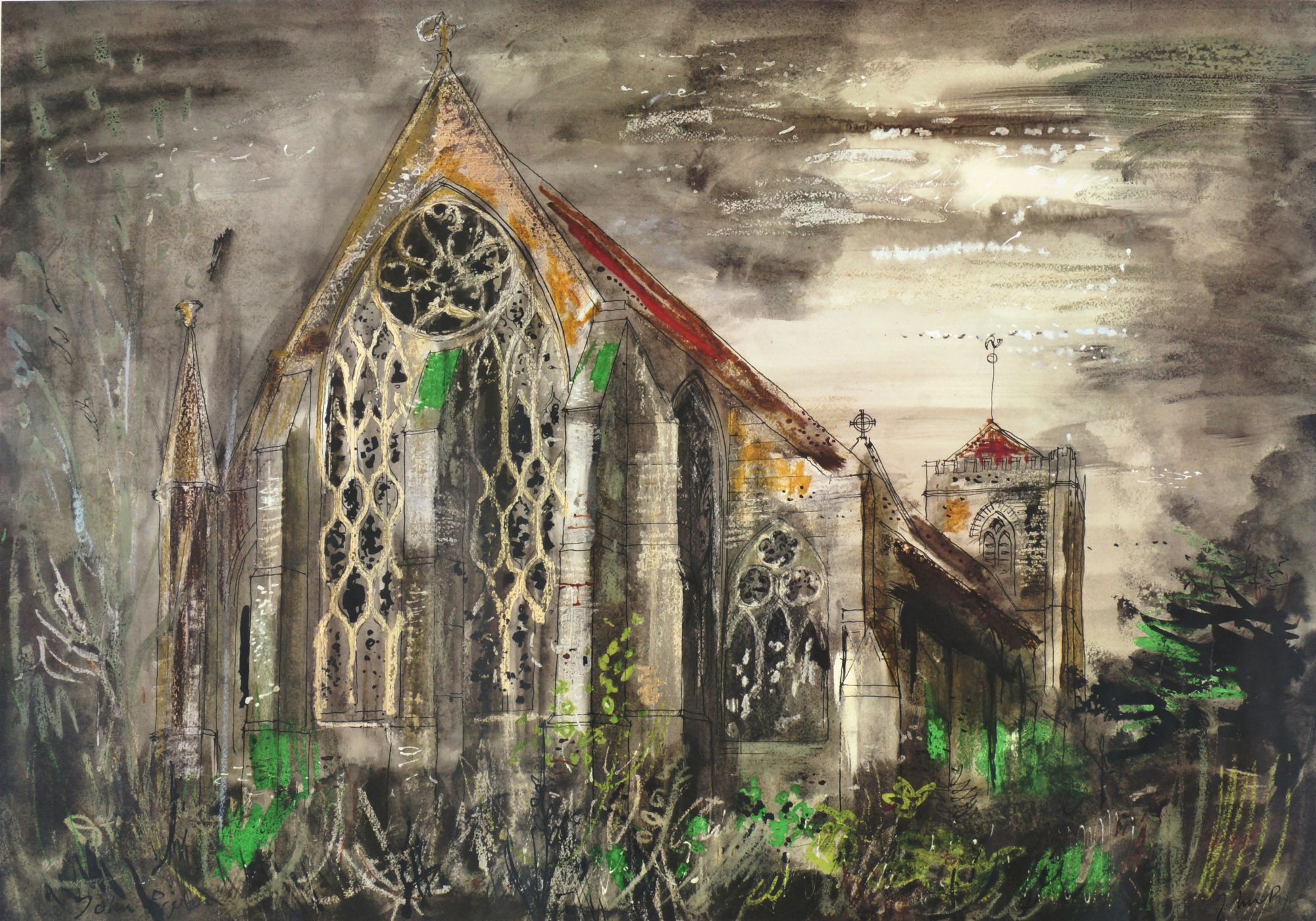 John Piper CH, British 1903-1992- "Dorcester Abbey"; offset lithograph printed in colours,