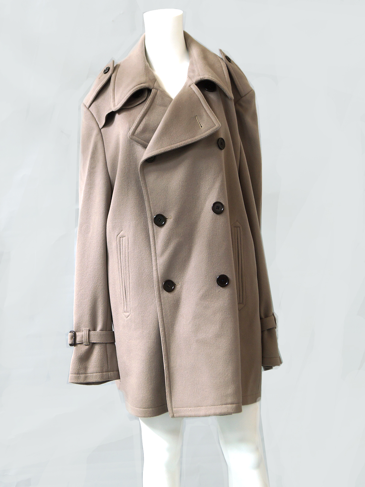 A men's Aquascutum taupe wool three-quarter length double breasted coat, with large collar,
